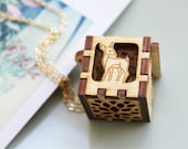 Woodland Animals Locket - Deer, Squirrel, Rabbit, Bear, Leaves Open/Close Wood Locket Necklace