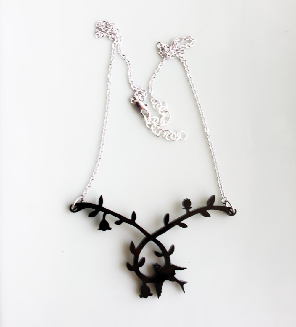 Black Lace Necklace - Black Tatttoo Victorian Bird and vines lacy silhouette Necklace