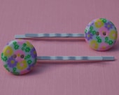 Vintage Button Bobby Pins, Pastel Flowers Pink Yellow Green Lavender Purple (Item 558)