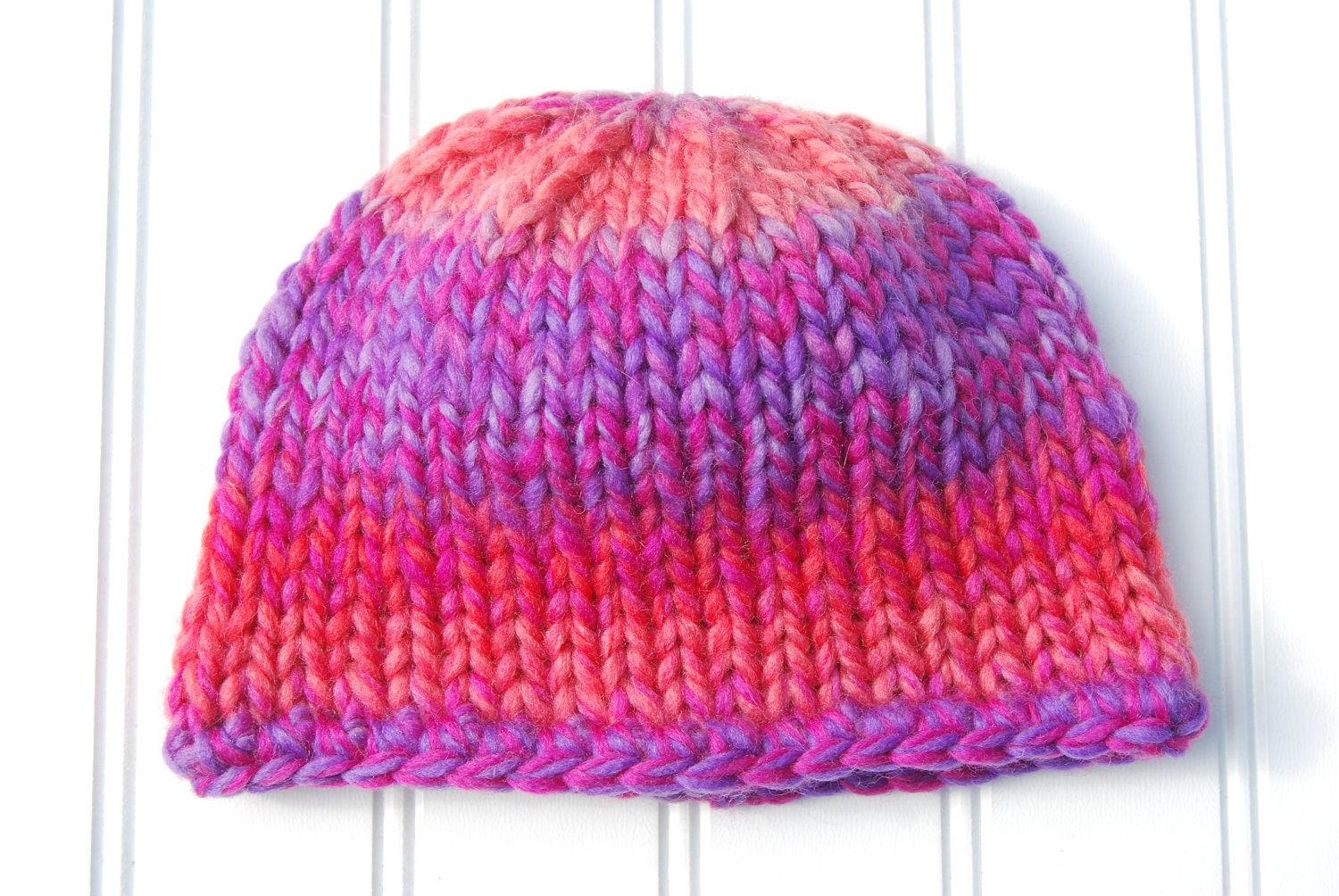 Beanie Hat, Photo Prop Wool Knit Red Purple Striped in Newborn to 3 Month Size (Item 566)