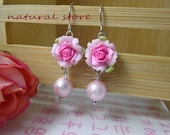 Light pink rose and bead of flash-Polymer Clay hook Earrings