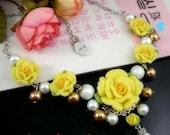 Florid- Yellow  Flower Rose  Pearl  Necklace - Polymer Clay Necklace