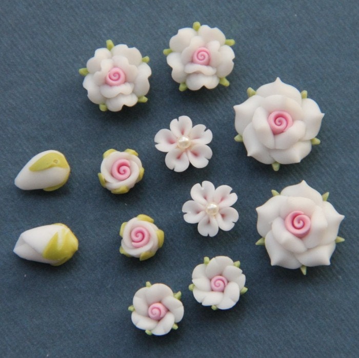 6pc-Set-White-Polymer Clay DIY Flowers Set for Earring Pendant Ring