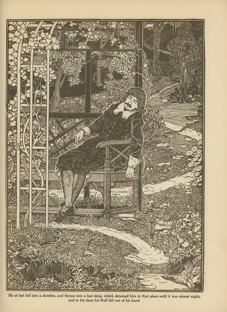 1891 Antique Print, Pilgrim Sleeps In A Slumber In The Garden, Pilgrim's Progress