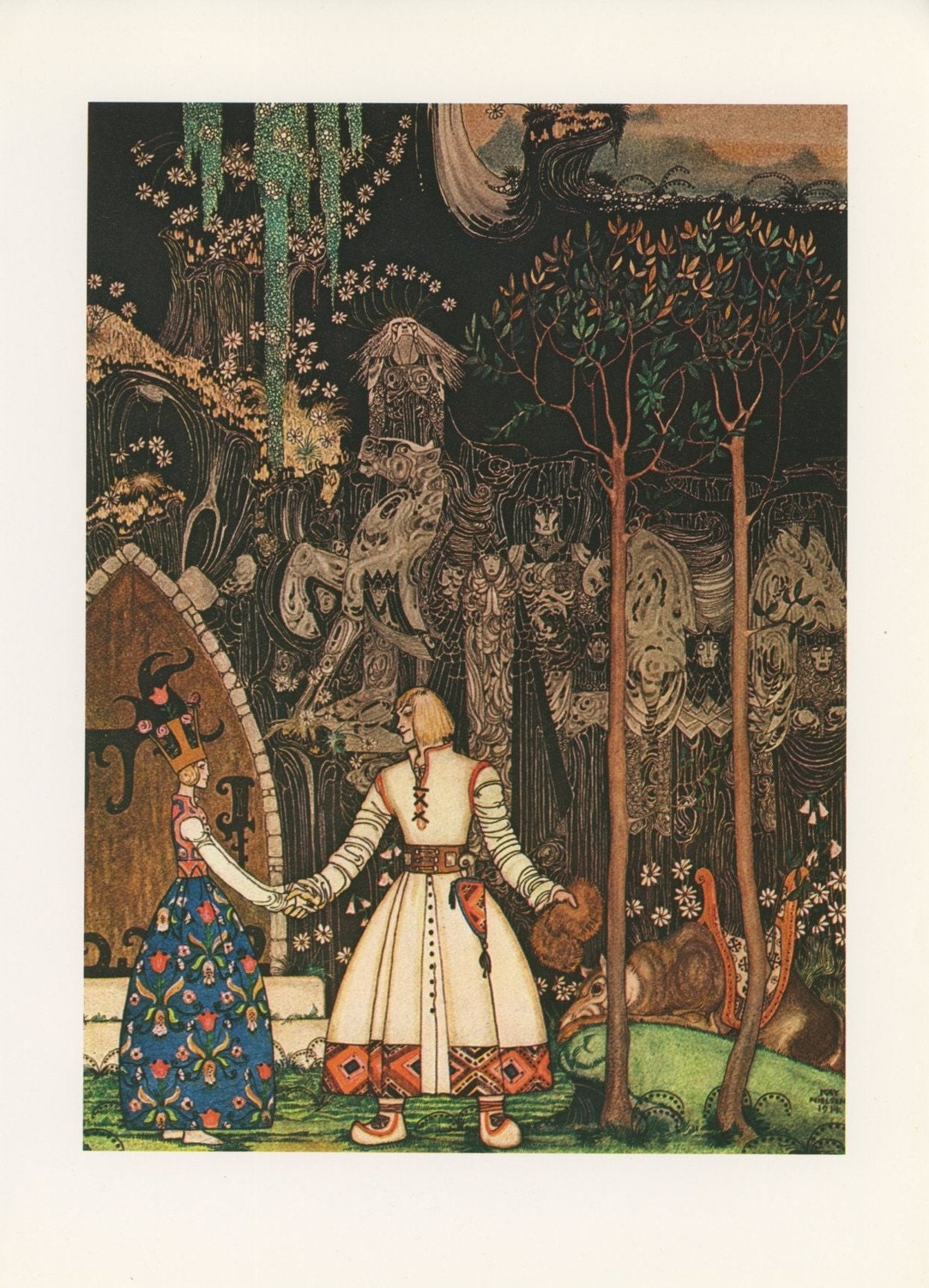 Fantasy Fairy Tale, Saying Goodbye To The Princess With The Wolf Waiting, Kay Nielsen, Printed In Italy, Antique Children Print, 1975