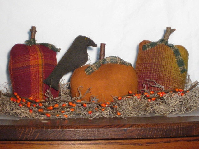 Primitive Fabric Pumpkins - set of 3 (one with Crow) - Thanksgiving - Centerpiece - Fall - Shelf Sitter