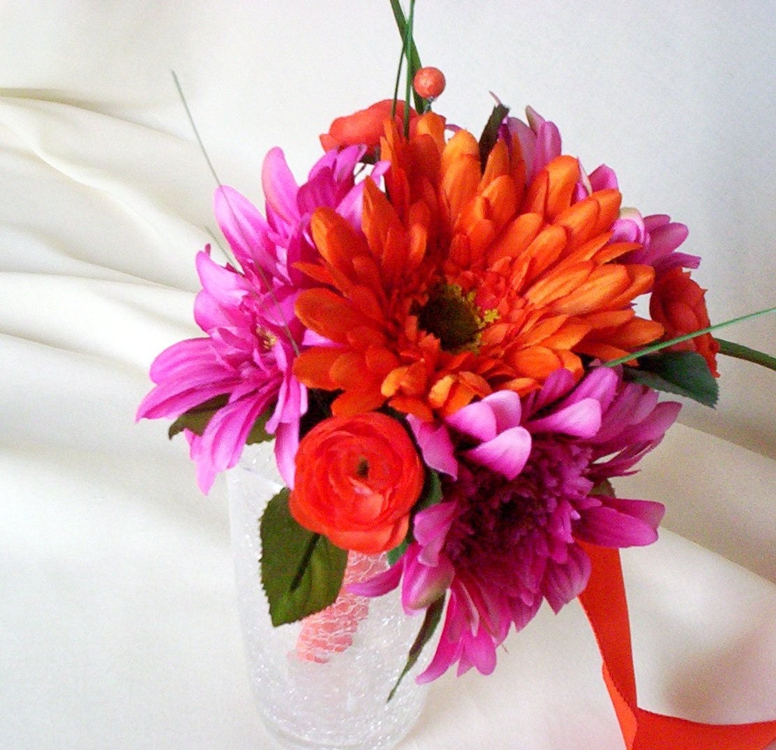 Wedding Accessories Bridal Bouquet Hot Pink Orange Brides Maids flowers Tangerine Gerberas Budget Bouquet