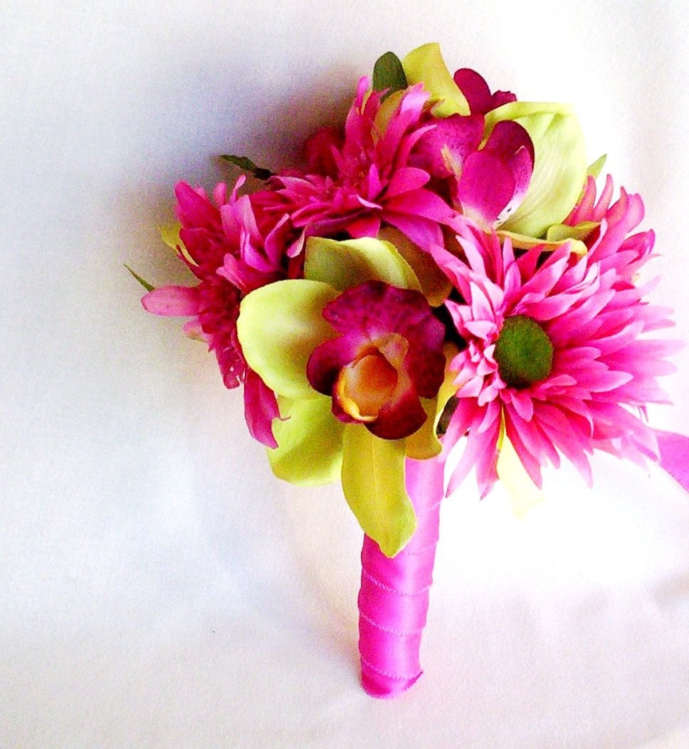 Wedding Accessories Bridal Budget Bouquet Hot Pink Fuschia green Silk Orchids Destination Wedding Flowers bridesmaid bokay