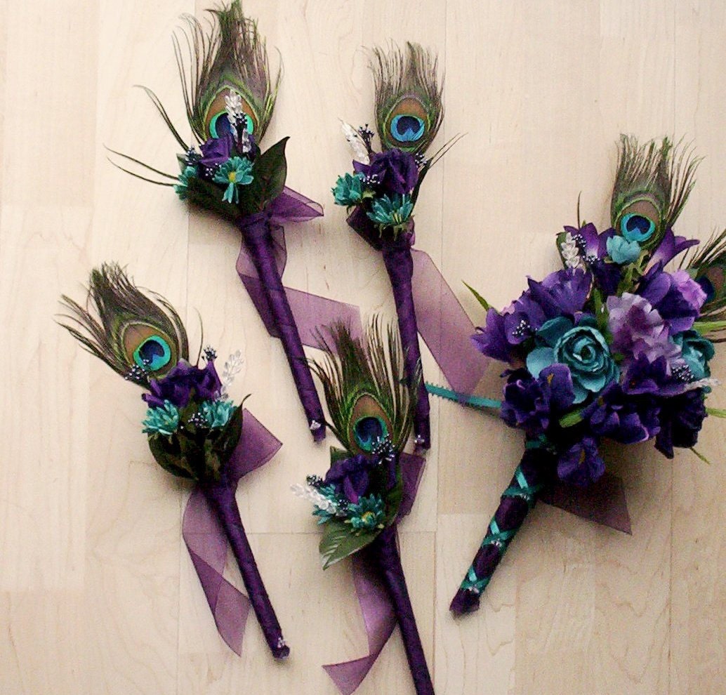 Purple Peacock Bridal Bouquets 10 Piece Package Silk Wedding Flowers Purple Teal feather bokay, bridesmaids, boutonnieres