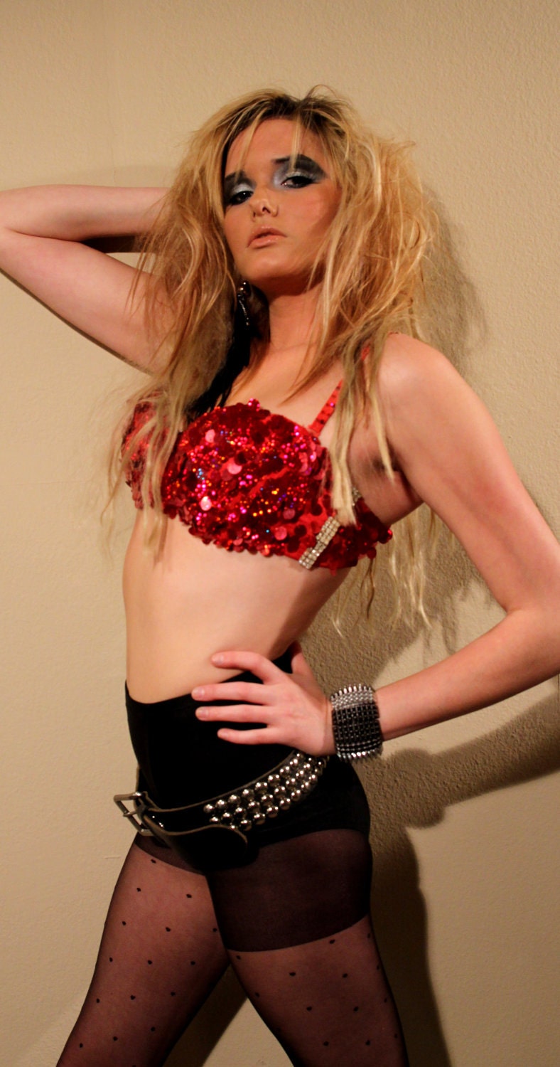 Sexy Red Sparkler Sequins Bra Top Rhinestone Trim