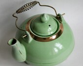 Vintage Mint Green 1920's Earthenware Teapot with Brass Handle and Feet