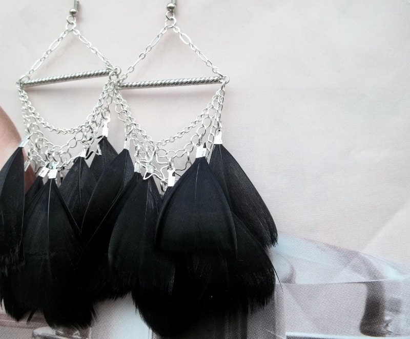 Gorgeous, Mid-night Black, Silver, Chain link, Rocker Chic, Handmade, Feather Earrings...