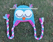 Crochet Sleepy Owl Hat with Earflaps Blue and Pink