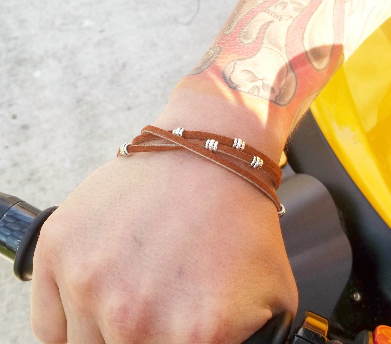 Pewter Studded Brown Leather Wrap Bracelet for Men Women Boys Girls Teens - Free Shipping