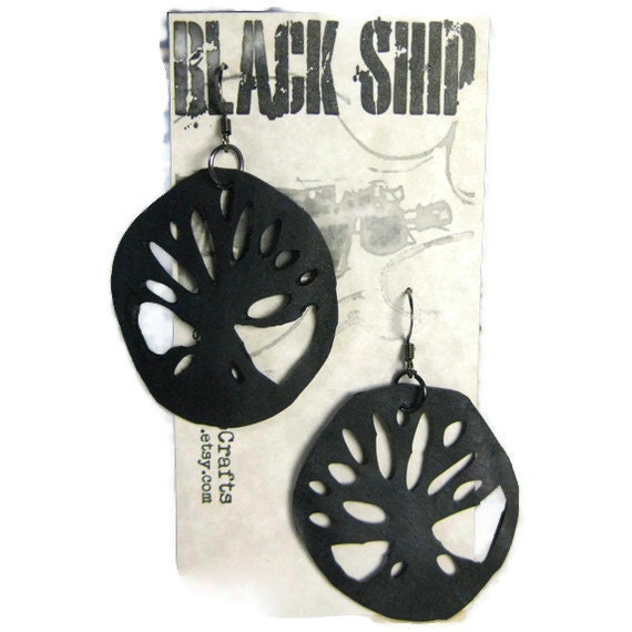 Tree Hoop Earrings: Black Bike Tube Vegan Leather Rubber