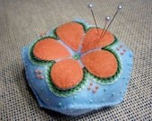 Hand Embroidered Felt Pin Cushion in Light Blue with Orange Flower