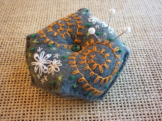 Felt Gray Hand Embroidered Pin Cushion