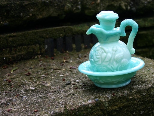 Vintage Avon Bottle, Blue, Turquoise, Gray, Green, Teal,  Slag Glass Skin so Soft  Bath Oil with Soap Dish