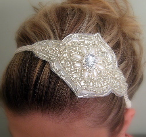 Victoria - Stunning Victorian Princess Crystal Bridal Ivory Beaded Headband, Veil Accent