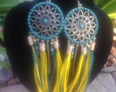 Blue and Yellow Mandala Feather Earrings