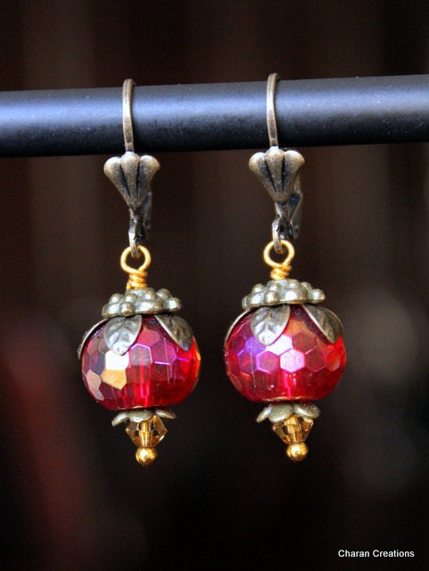 Red Faceted Czech Glass Gold Luster Antiqued Brass Earrings