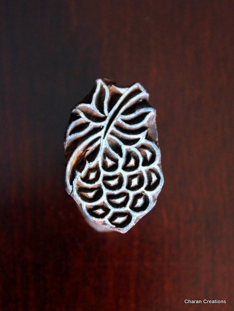 Hand Carved Indian Wood Stamp Block- Berry with Stem and Leaves Motif