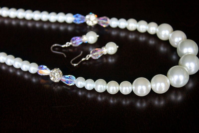 Elegant White Pearls and Swarovski AB drops Bridal Necklace Set with Crystal Ball