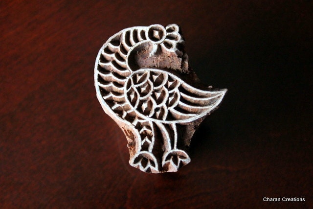 Hand Carved Indian Wood Textile Stamp Block- Peahen