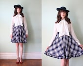vintage 1970's navy blue & white plaid full skirt with ruffle trim / size m