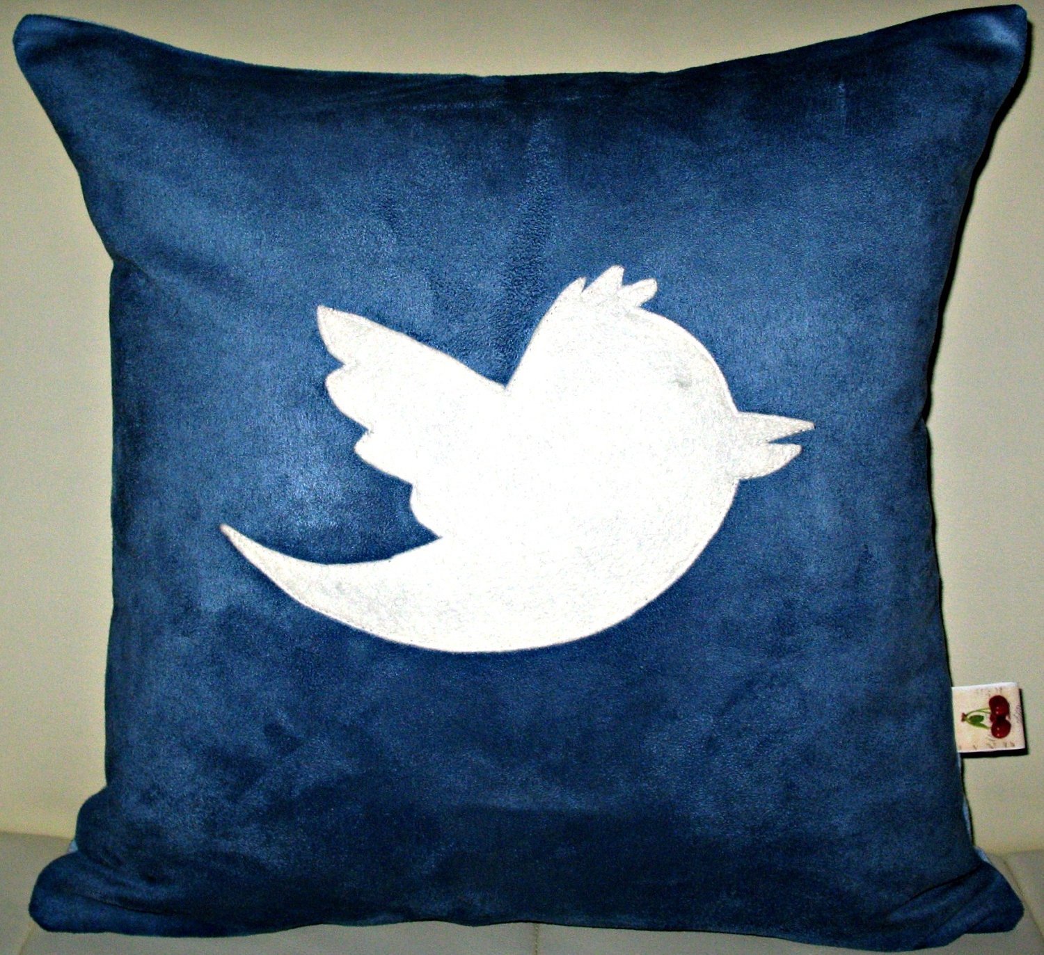 Free US shipping Unique Designer 16x16 Faux Suede Light and Dark Blue Pillow Cover with  Twitter Bird Icon  Applique