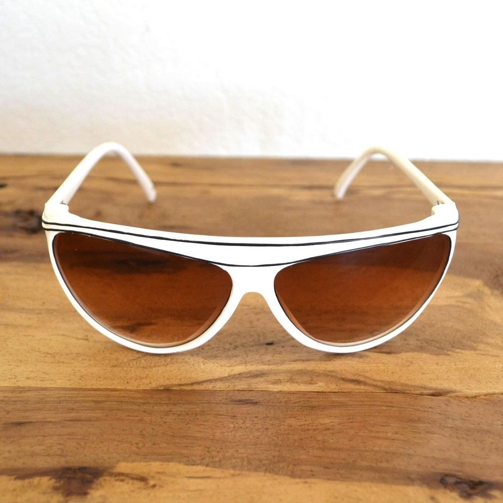 New Wave 80s Sunglasses White Black Stripe Aviator Style Brown Tint