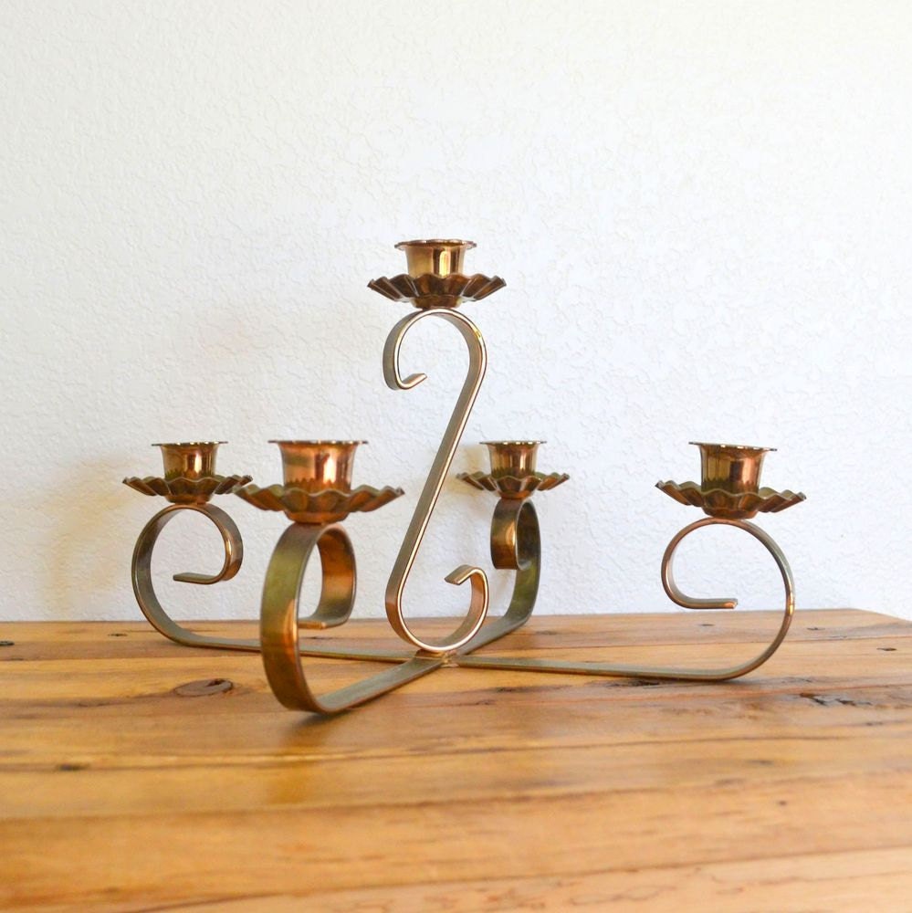 Table Top Candelabra Brass 5 Candle Holder 1" Candles Vintage 1950s Home Decor