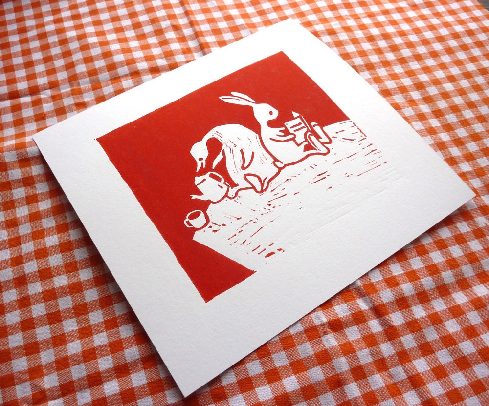 Duck and rabbit go for a picknick - original linocut art print - nursery gift - handcarved and handprinted