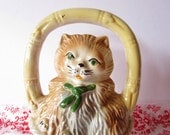 Vintage Ceramic Kitten in "Bamboo" Basket with Green Eyes & Bow