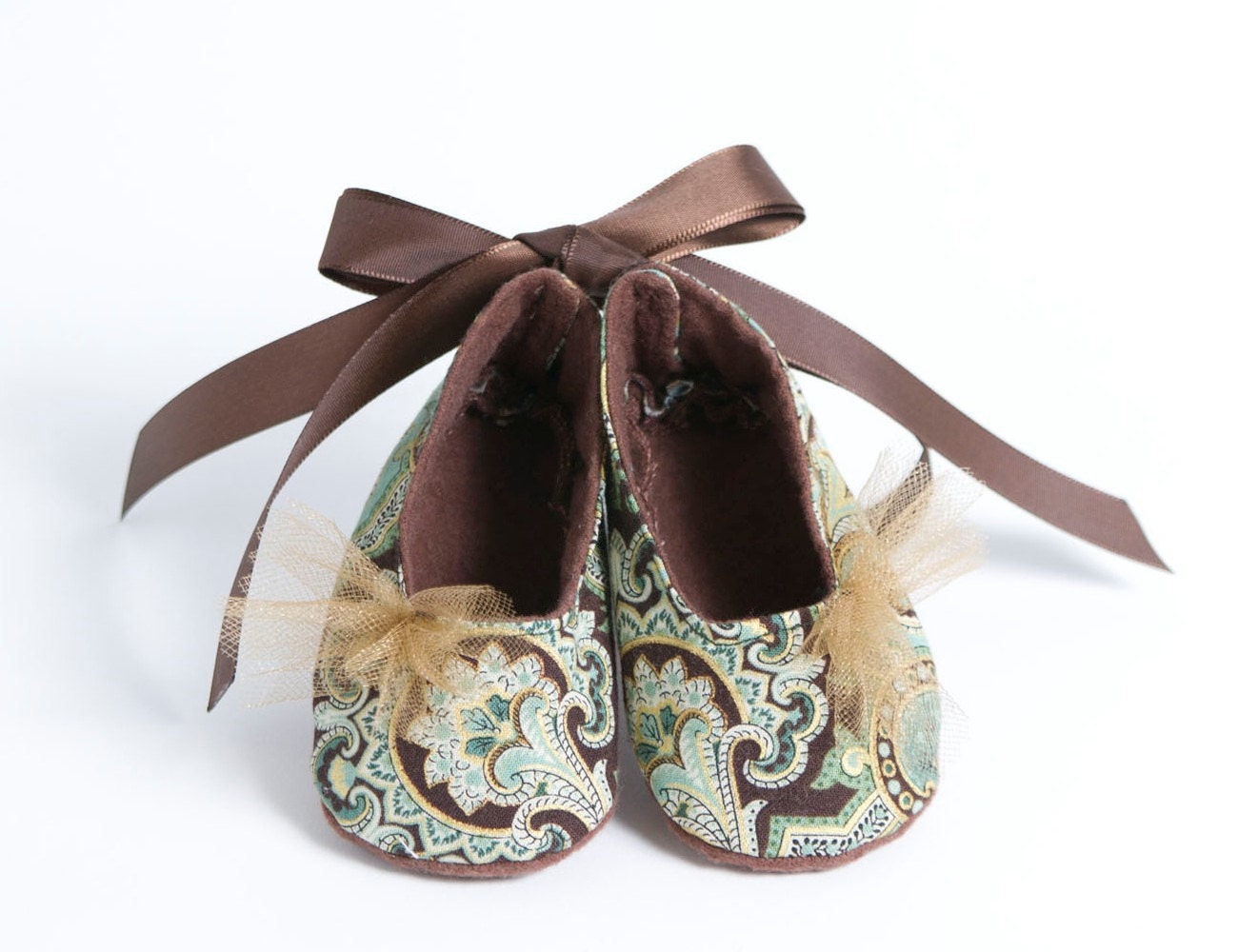 THE DUTCHESS-Brown, Green, Satin Ballet Flat, Ankle Ribbon Tie Baby Girl Bootie
