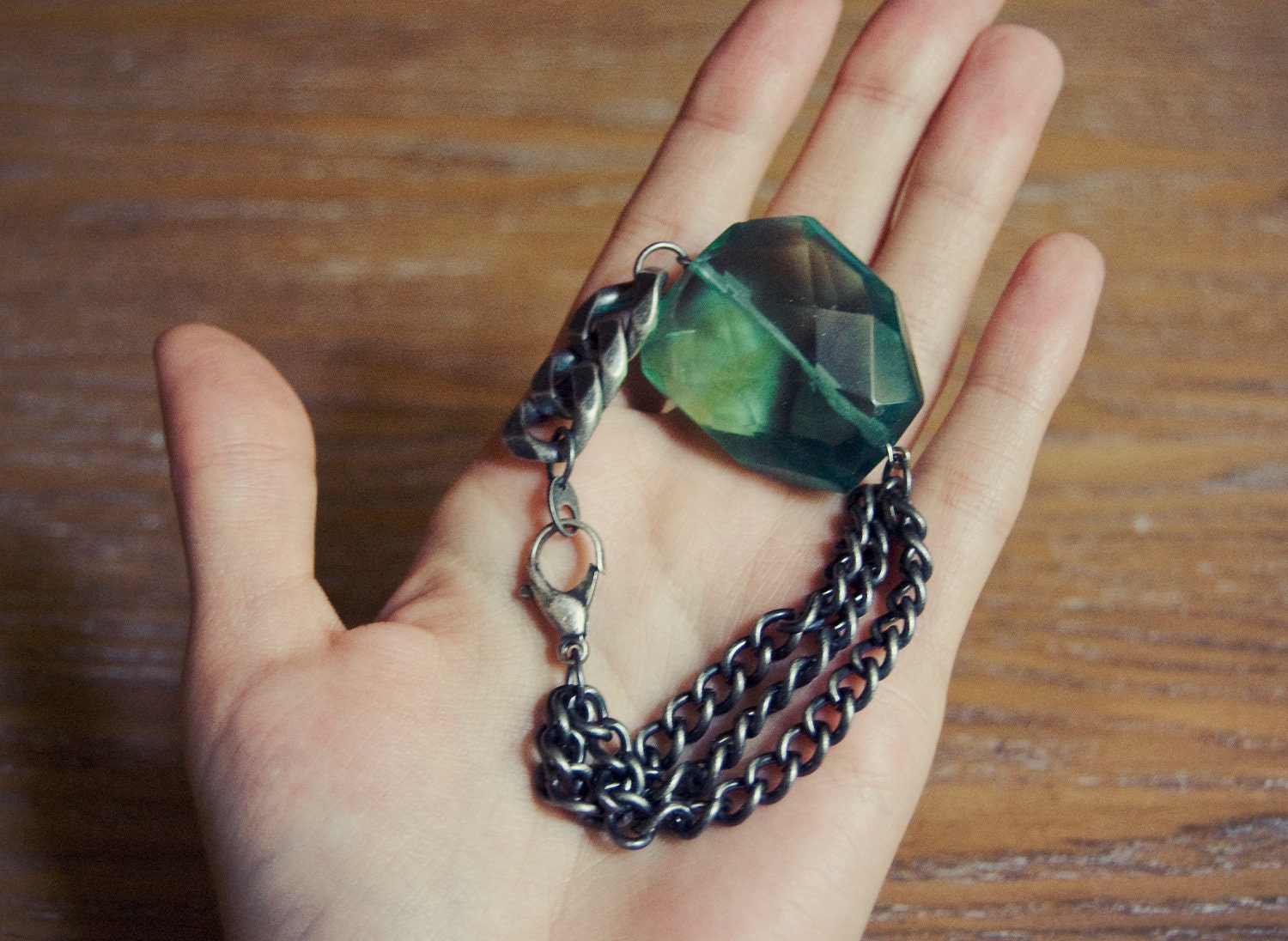 Oversized Gem Bracelet - translucent turquoise quartz on antiqued silver chains