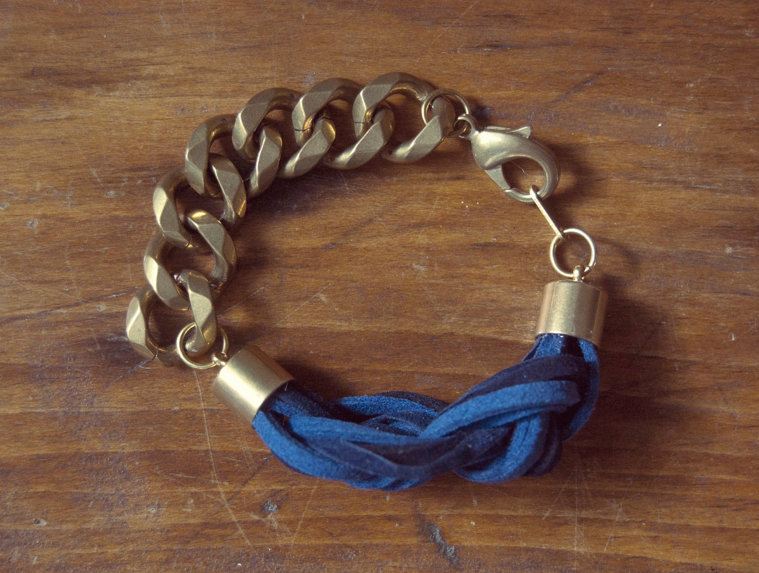 Sailor's Knot Bracelet - Navy and cobalt-colored suede and raw brass chain