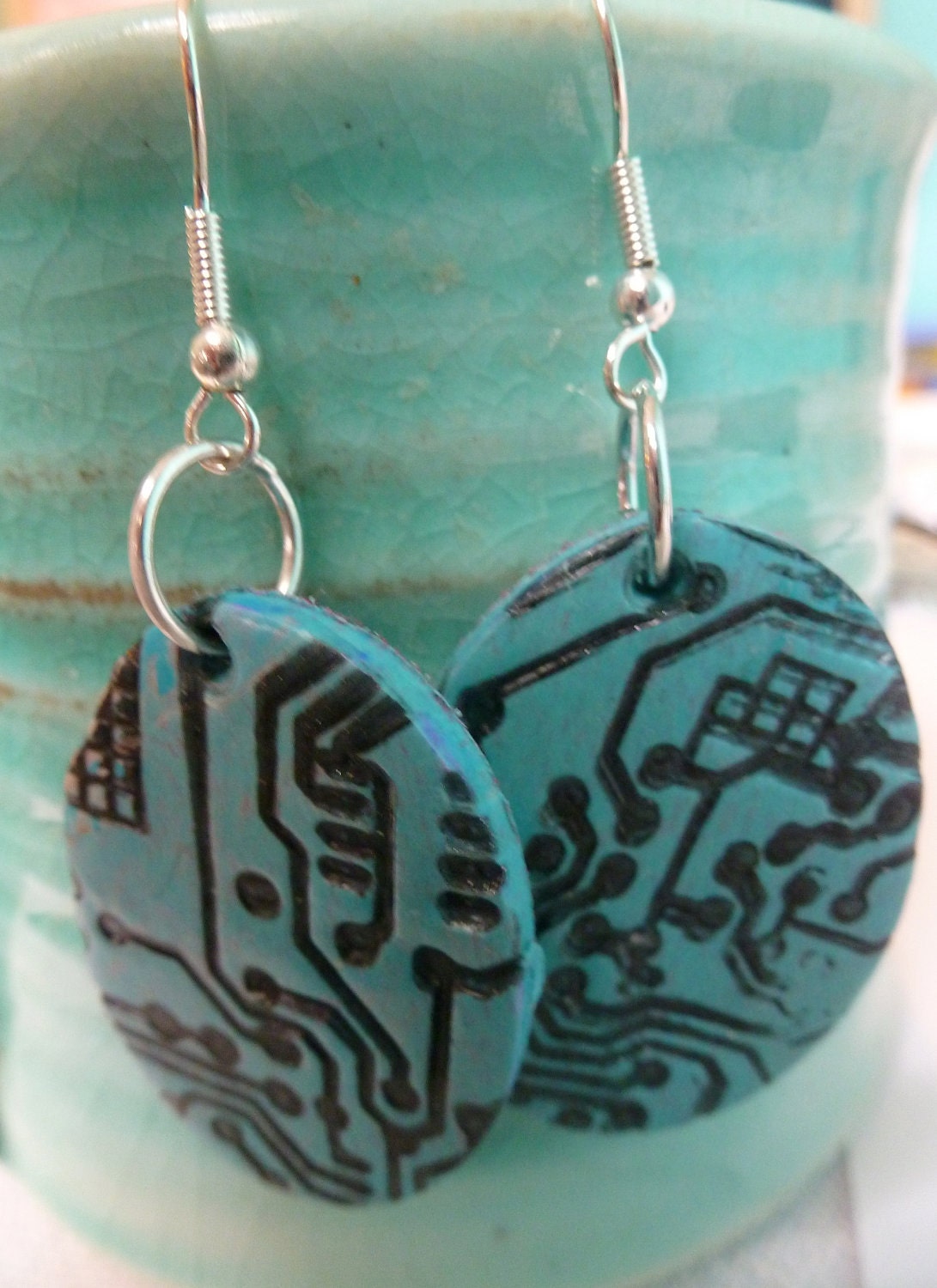 Circuit Board Blues Dangle Earrings