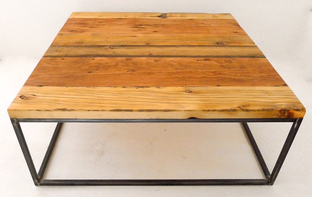 Lonergan Coffee Table square coffee table with reclaimed wood top and welded metal legs // rustic handmade living room accent table