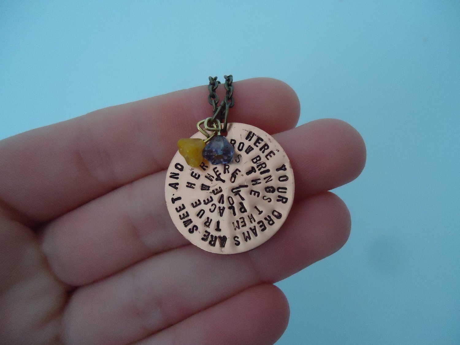 The Hunger Games Inspired Geekery  -  Rue's Lullaby Hand Stamped Bronze & Copper Necklace With Charms