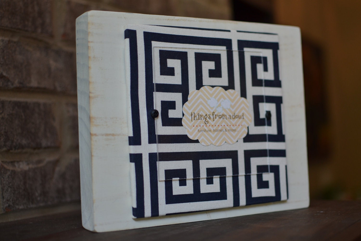 Chunky Block Frame - Antique White with a Navy Blue & White Fabric Layer - 5x5 photo opening