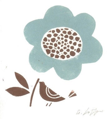 Linocut Handmade Card - Teal Gift Print - Small Original Signed Linocut ,Flower & Bird .