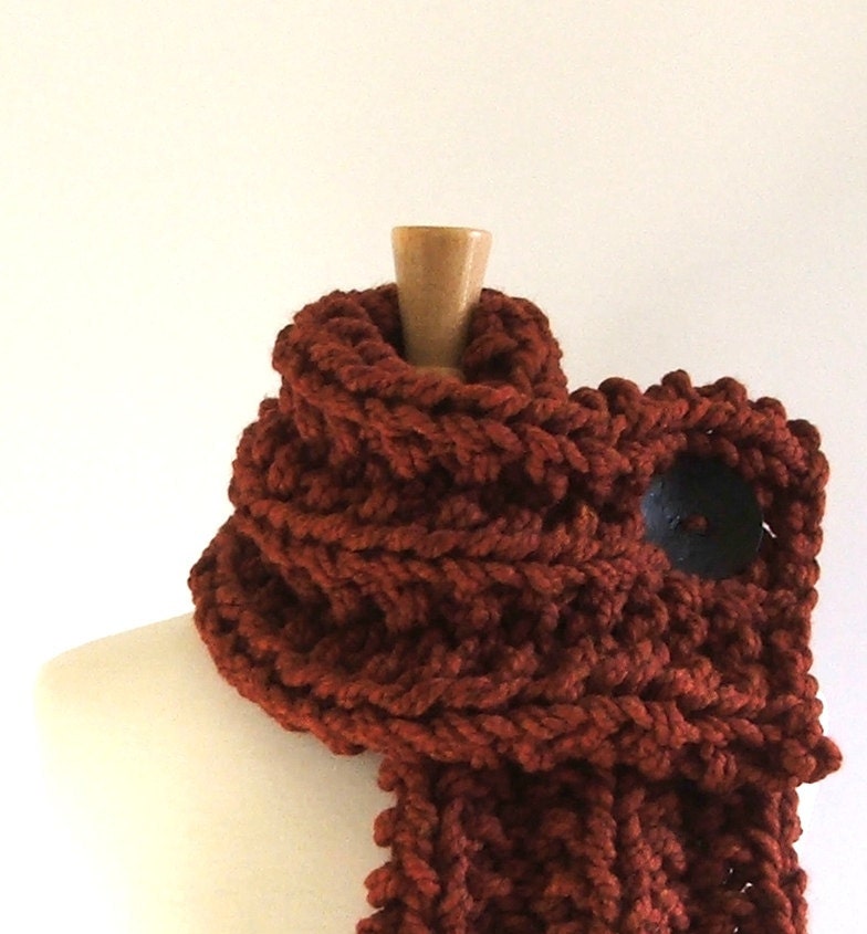 Chunky Knit Spice Brown Cowl Scarf with Large Black Button - AMarieKnits