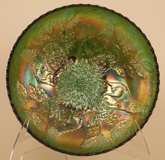 Fenton Green Carnival Glass Stag and Holly Bowl