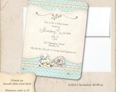 Vintage Baby Shower Invitations - Polka Dot Robins Egg Blue - Bunny Lamb and Duck - set of 25