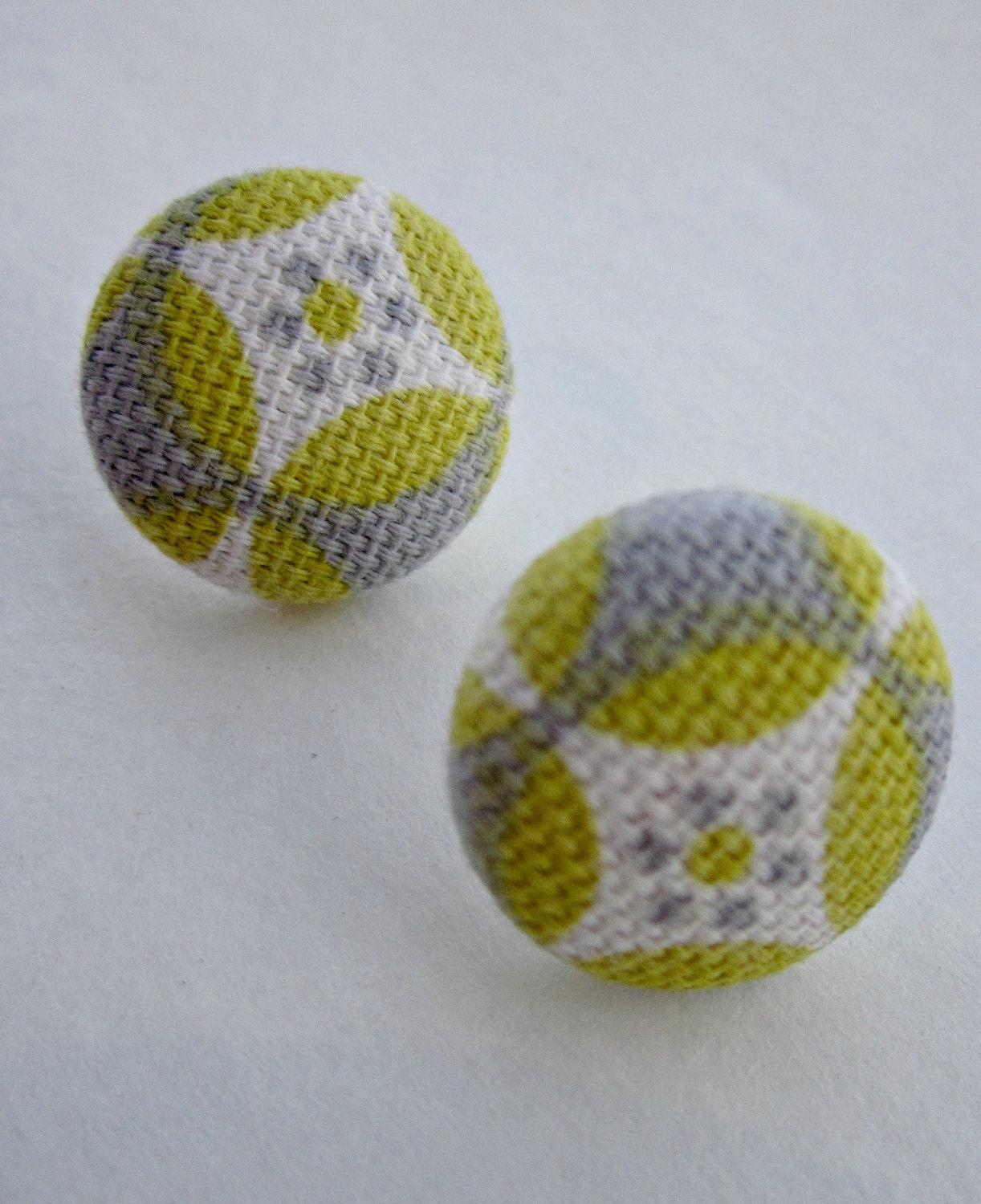 Gray & Yellow/Green Fabric Covered Button Earrings