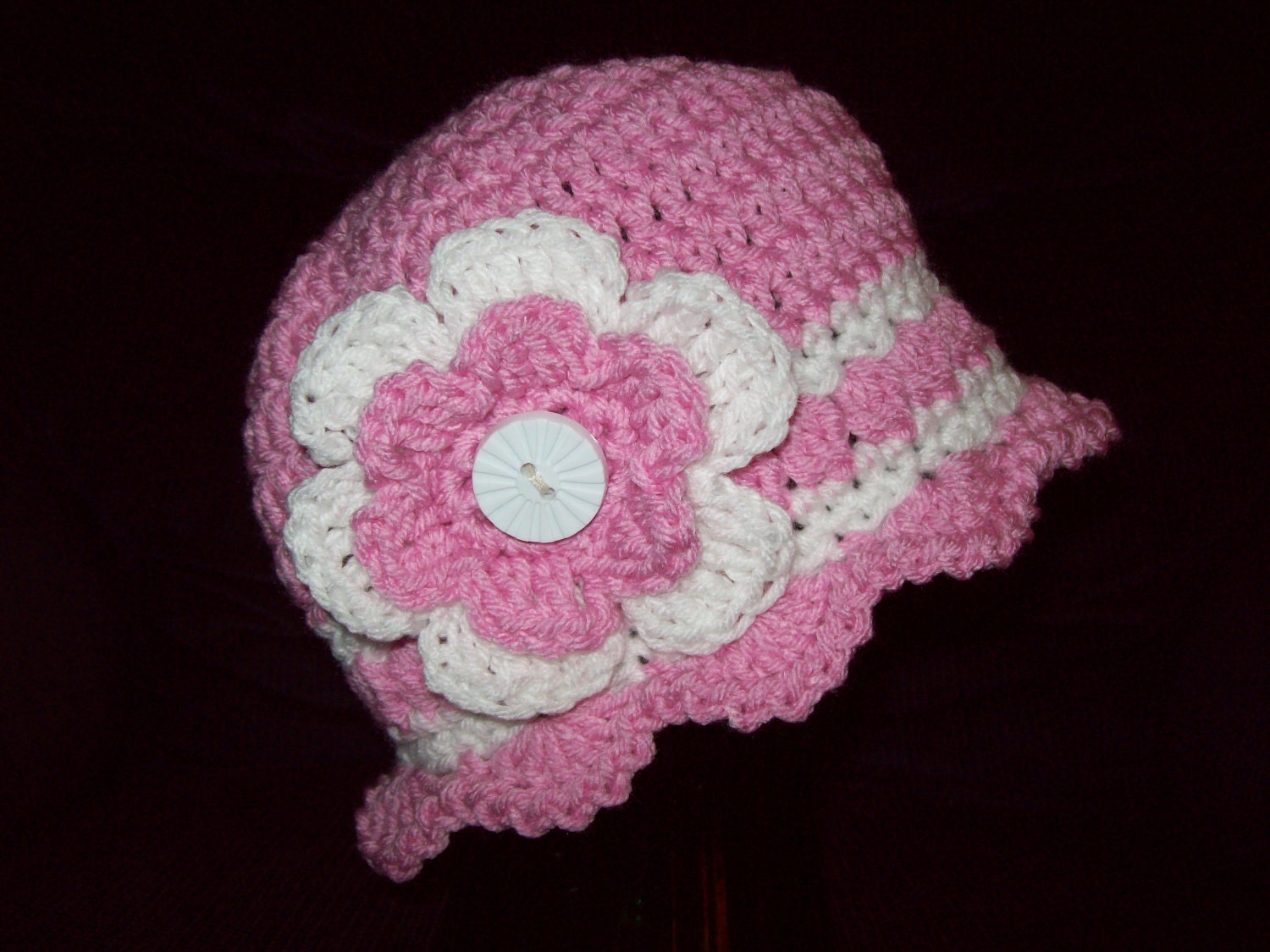 Boutique Crochet Girl's Pink & White Beanie Hat Cap 2-7 years 19"