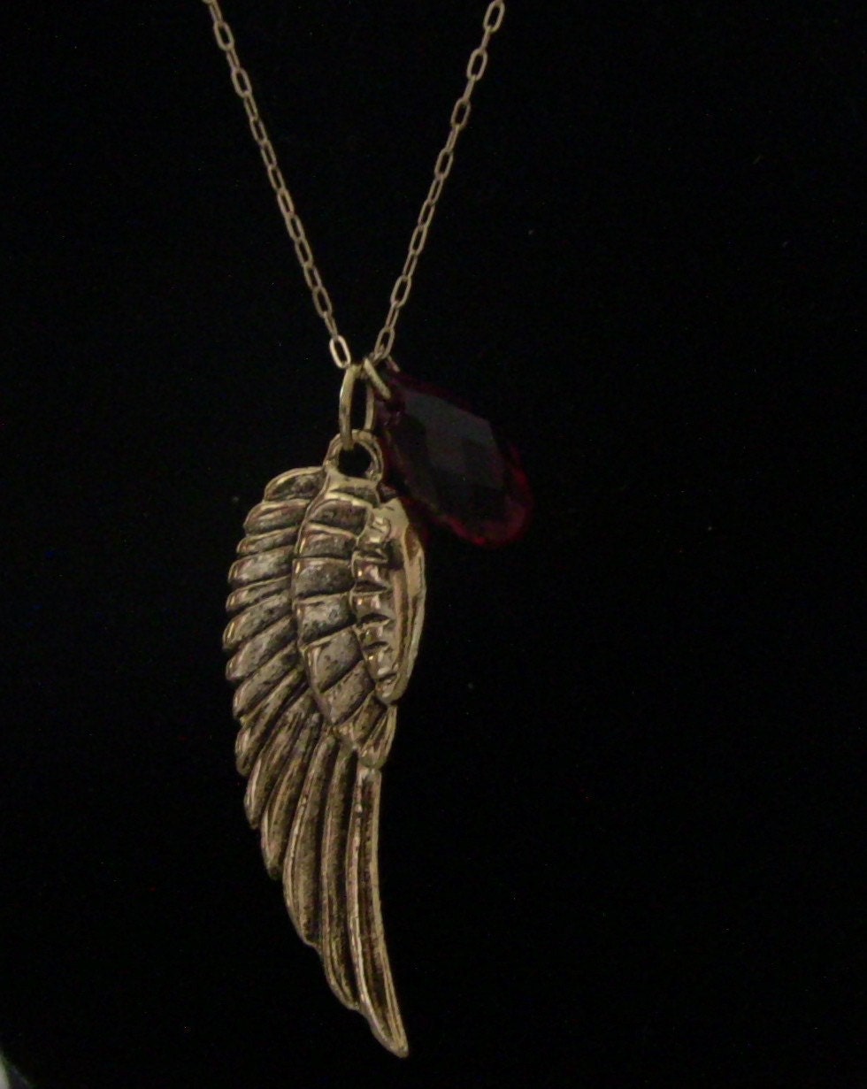 18" Gold Angel Wing Pendant with Siam Swarovski Crystals