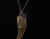 16" Gold Angel Wing Pendant with Tanzanite Swarovski Crystals