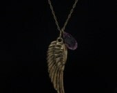 18" Gold Angel Wing Pendant with Light Rose Swarovski Crystals
